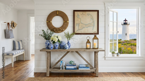 Coastal Cape Cod home interior with lighthouse view spring zoom background