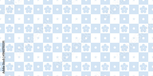 Pastel Blue Daisy Grid Pattern - Cool Y2K Aesthetic Seamless Floral Checkerboard Wallpaper Vector