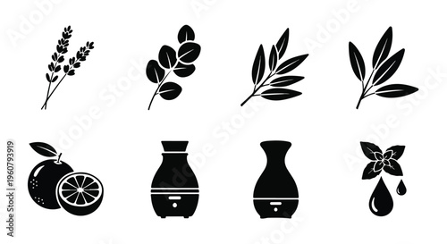 Aromatherapy and essential oils icon set, 8 black vector silhouettes of lavender, eucalyptus, citrus and diffusers for spa and wellness branding