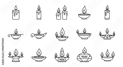 Vesak Candle Light Offering Outline Icon Set – Buddhist Festival Flame Icons