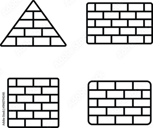 Collection of four simple outline icons depicting brick wall textures and a pyramid shape on a transparent background