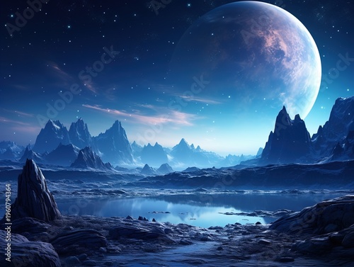 Mysterious Alien Planet with Twin Moons and Mountainous Landscape