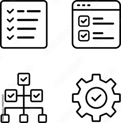 Four simple line art icons representing checklist task management organizational chart and workflow processes