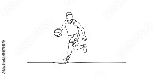 Continuous line drawing of a professional basketball player dribbling a ball on a white background