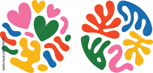 Colorful abstract organic shapes and hearts forming circular compositions on a transparent background