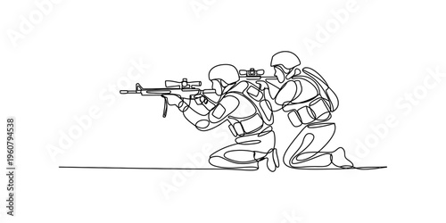 Continuous line drawing of two soldiers in full gear kneeling and aiming their rifles