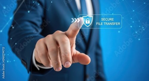 Professional hand touching secure file transfer on interface, corporate business, blue background, sharp stock photography.