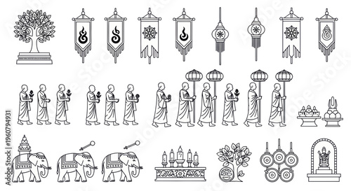 Vesak Procession Outline Icon Set – Buddhist Festival Parade Icons