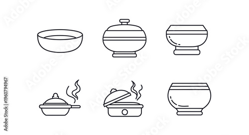 black and white outline icons of offering bowls, alms bowl, prayer offerings, Buddhist monk donation bowl vector set