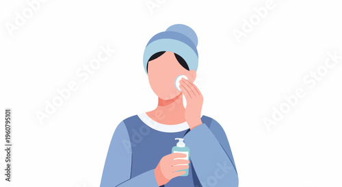 Woman Cleansing Face with Cotton Pad and Lotion.