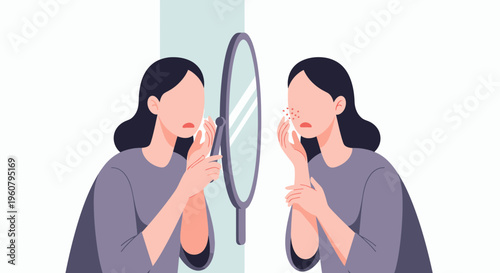 Woman Examining Her Face in Mirror for Skin Problems.