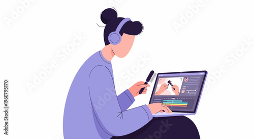 Woman Editing Video on Laptop with Headphones.