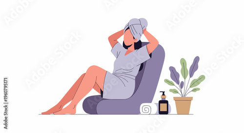 Woman Drying Hair After Shower Relaxing at Home.