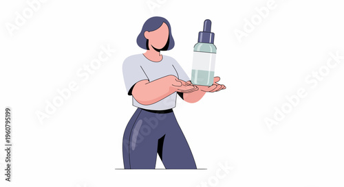 Woman holding cosmetic serum bottle for beauty care.