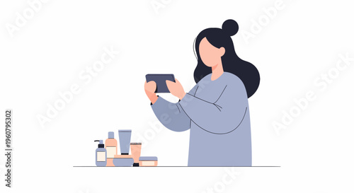 Woman Photographing Beauty Products with Smartphone for Social Media.