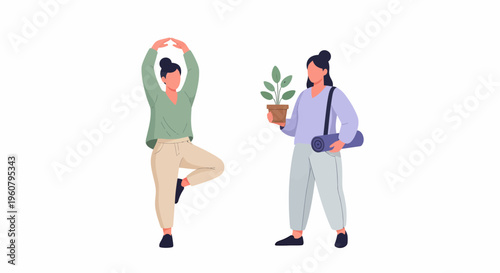 Woman Practicing Yoga and Another Holding Plant and Mat.