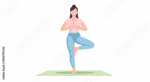 Woman Practicing Yoga Tree Pose on Mat.