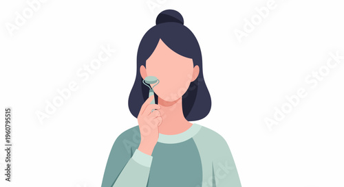 Woman using a jade roller for facial massage and skincare routine.