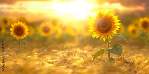 A tranquil scene of golden wheat fields and vibrant sunflowers glowing in the warm sunlight.