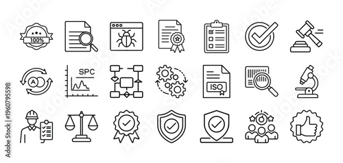Quality Control Assurance and Engineering icons depicting various elements of control