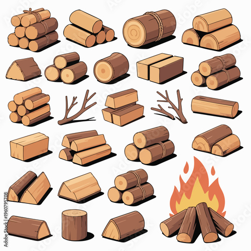 Firewood & Wood Log Props Set (Vector/Illustration, Brown Wood, Transparent Background)