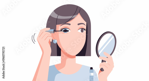 Young Woman Applying Mascara to Eyelashes with Mirror.