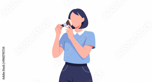 Young woman applying makeup with a brush.