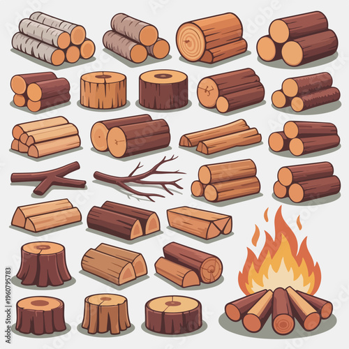 Firewood & Wood Log Props Set (Vector/Illustration, Brown Wood, Transparent Background)