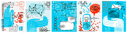 AI and future technology naive digital mind bold vector isolated cute illustrations of a robotic hand circuit board microchip key padlock cloud and email for sticker print and branding