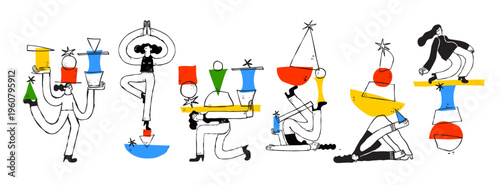 Life balance and mental health naive woman bold vector isolated cute illustrations of female characters balancing geometric shapes for sticker print and branding
