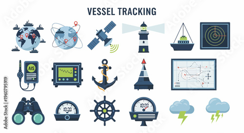 Vessel tracking system navigation icons set.