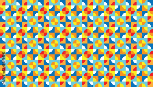 Retro geometric tiling pattern with red, blue, and yellow elements for fun branding and textile