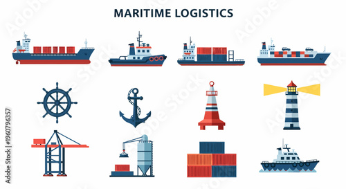 Maritime Logistics Shipping Industry Icons.