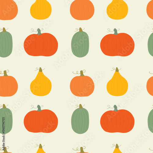 Warm vector autumn pumpkin seamless pattern on olive background. Autumn, harvest, fall, Thanksgiving-themed design