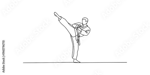 Continuous line drawing of a martial arts athlete performing a high karate kick in a white gi