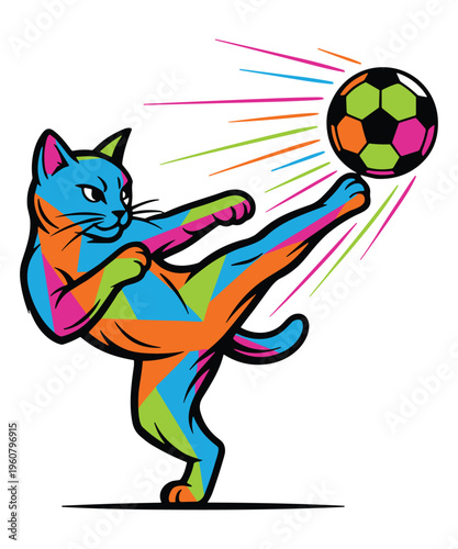 Colorful Soccer Cat Vector Illustration