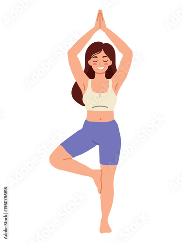 Relaxing vector illustration of a woman in tree pose (Vrikshasana) on white. Healthy lifestyle, wellness, fitness