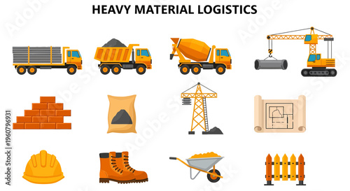 Heavy material logistics industrial icons set.