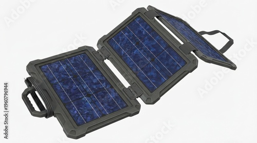 Rugged three-panel portable foldable solar charger for camping and outdoor use.