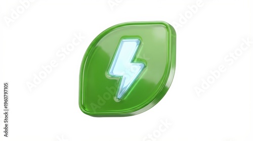 3D render of a glossy green leaf icon featuring a blue lightning bolt on white.