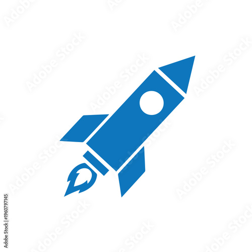 Blue stylized rocket ship is shown angled in flight with bright fire exiting the nozzle.