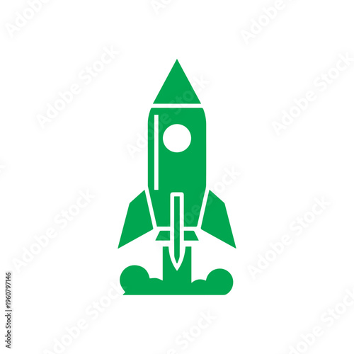 Single green rocket graphic takes off vertically showing engine thrust clouds on a plain backdrop.