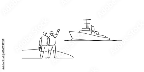 One line drawing of two sailors waving at a departing naval ship on the horizon