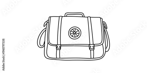 A simple black and white line drawing of a messenger bag with a shoulder strap and a circular emblem.