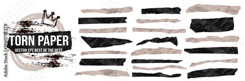 Set rough black crumpled jagged paper edge with torn halftone stripes.