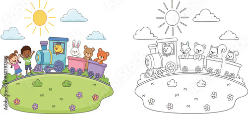  Cute cartoon kids waving at a toy train filled with animals including a black and white coloring page version isolated,