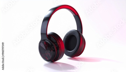 Glossy black over-ear headphones with striking red accents and reflective surfaces, perfect for music lovers