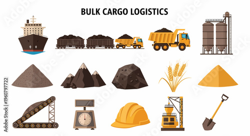 Bulk Cargo Logistics Industrial Icons Set.