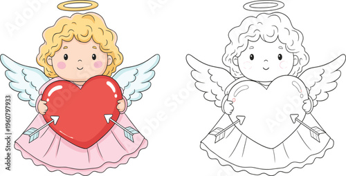 Cute cartoon angel girl holding red heart with arrows including a black and white coloring page version isolated white background,