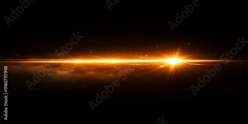 Abstract sun with glowing orange fire light and clouds in a dark sky background